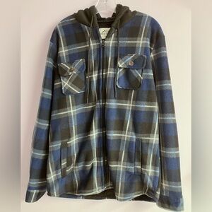 Men’s Hooded Fleece Jacket, Medium, Full Front Zipper, Blue/Gray Plaid, NWT